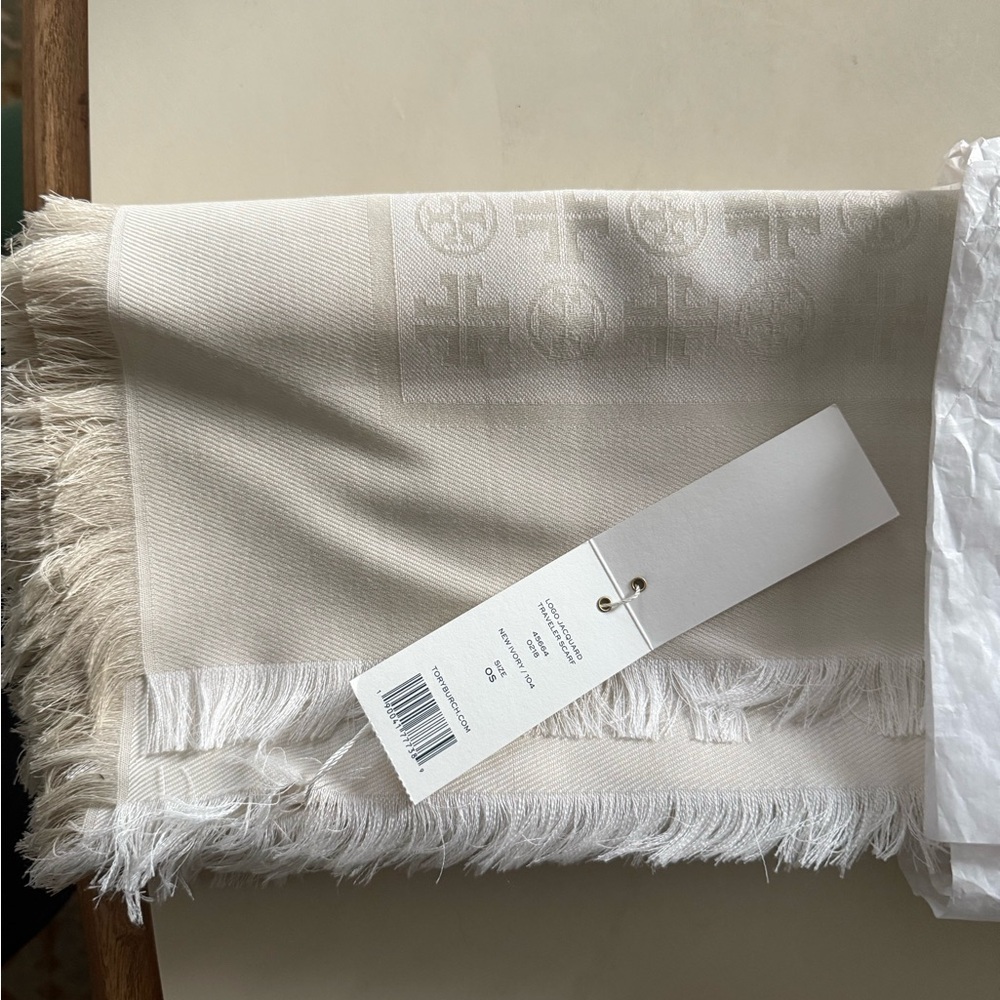 Tory Burch Logo Jacquard Traveler Silk and Wool Scarf in New Ivory - Picture 3 of 9